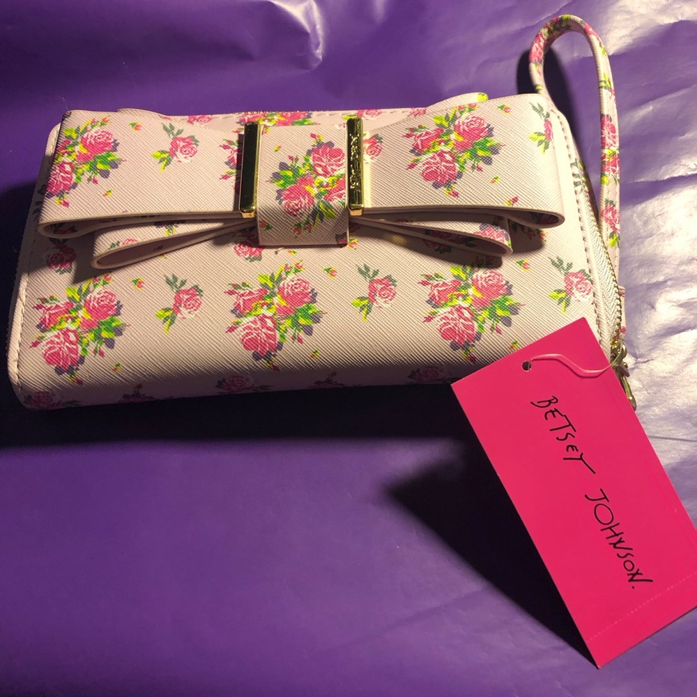 Betsey Johnson Pink Floral Bow Wristlet with Gold Accents